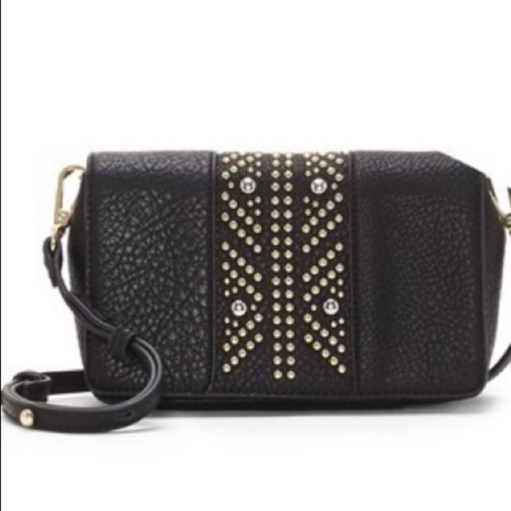 Donya Gold Studded Black Leather Crossbody Bag